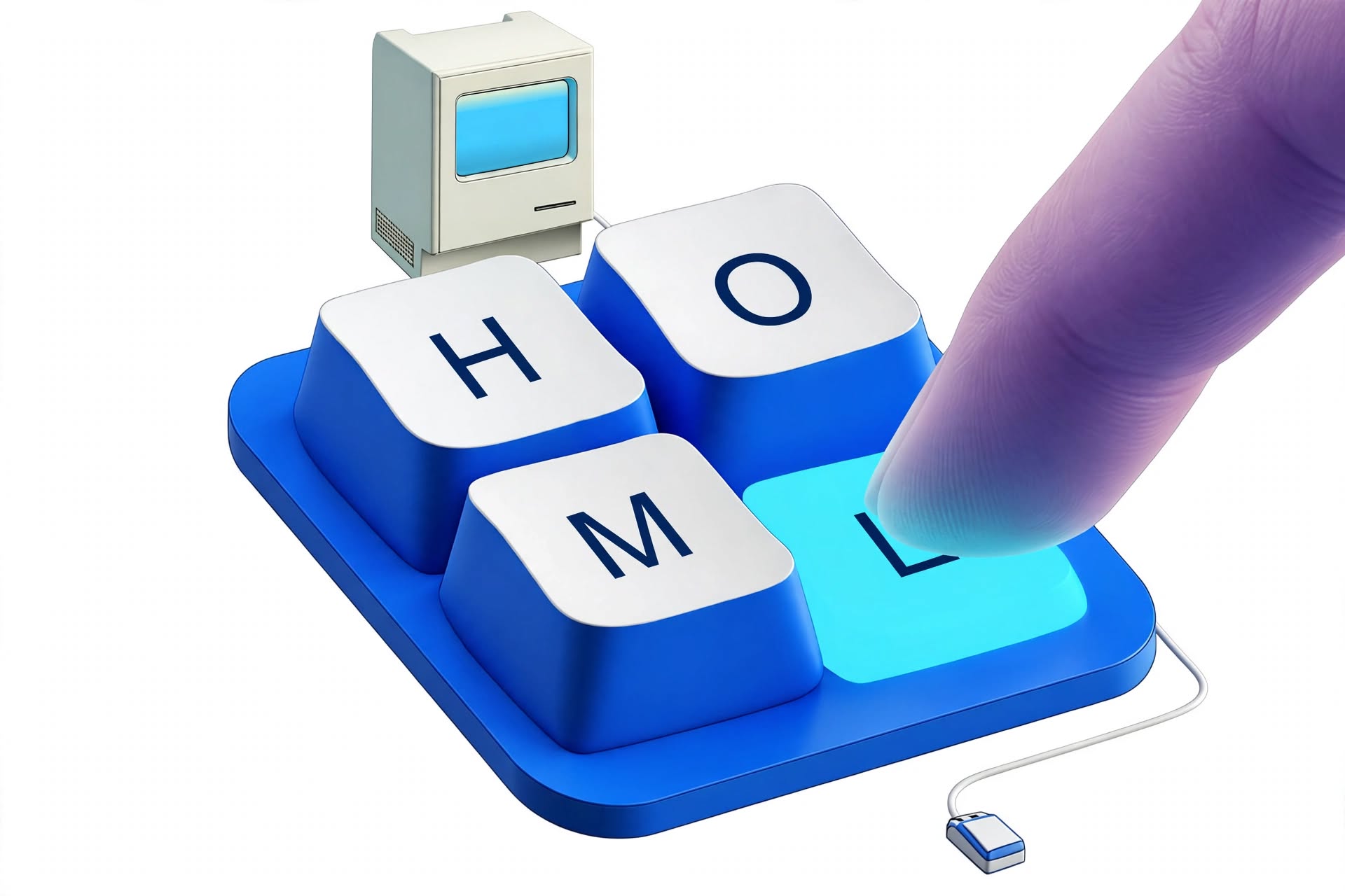 Retro illustration of a finger pressing oversized keyboard keys that spell HOME, next to a vintage computer