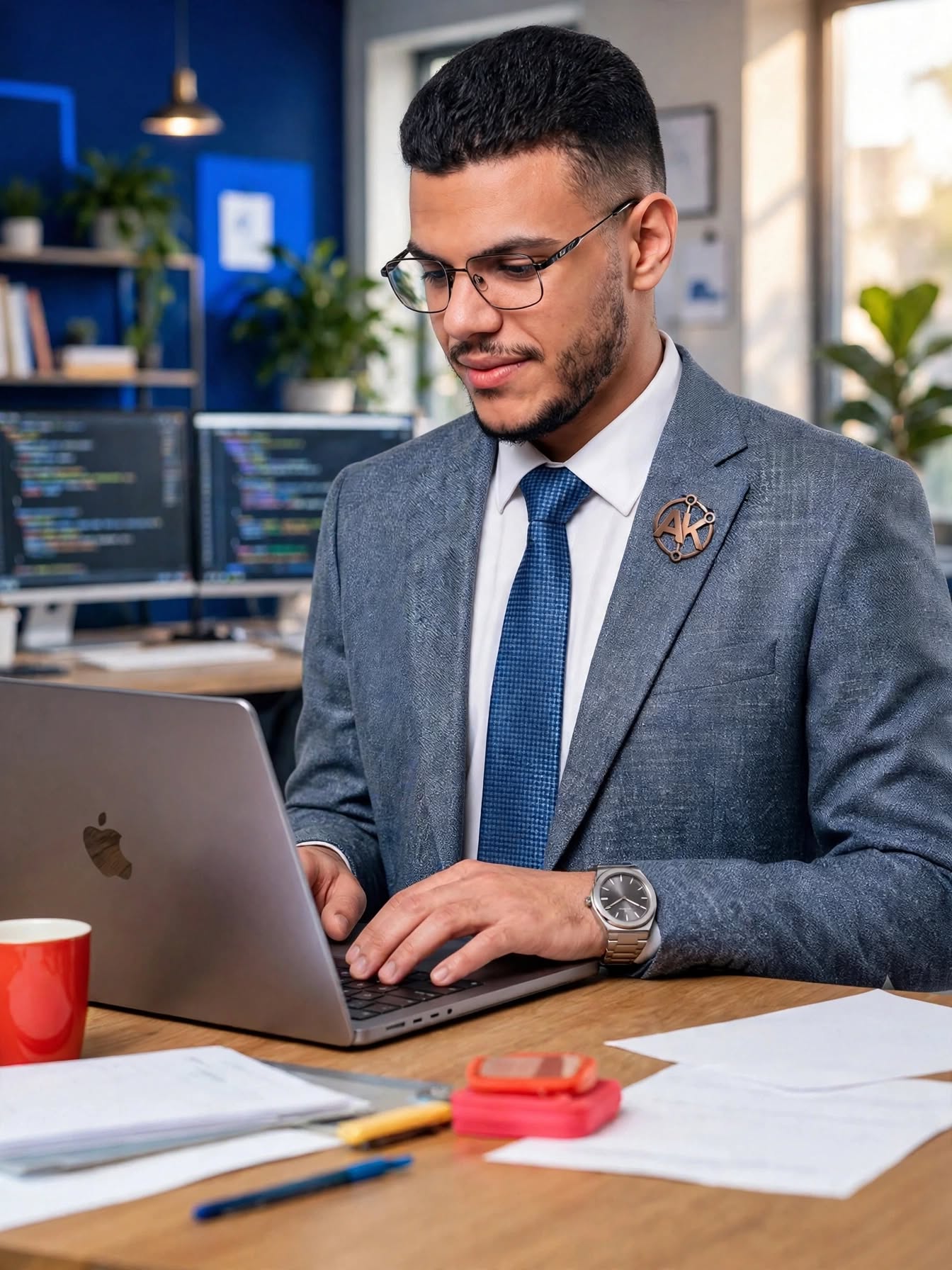 A developer typing on a laptop at a kitchen table beside notes and a coffee mug