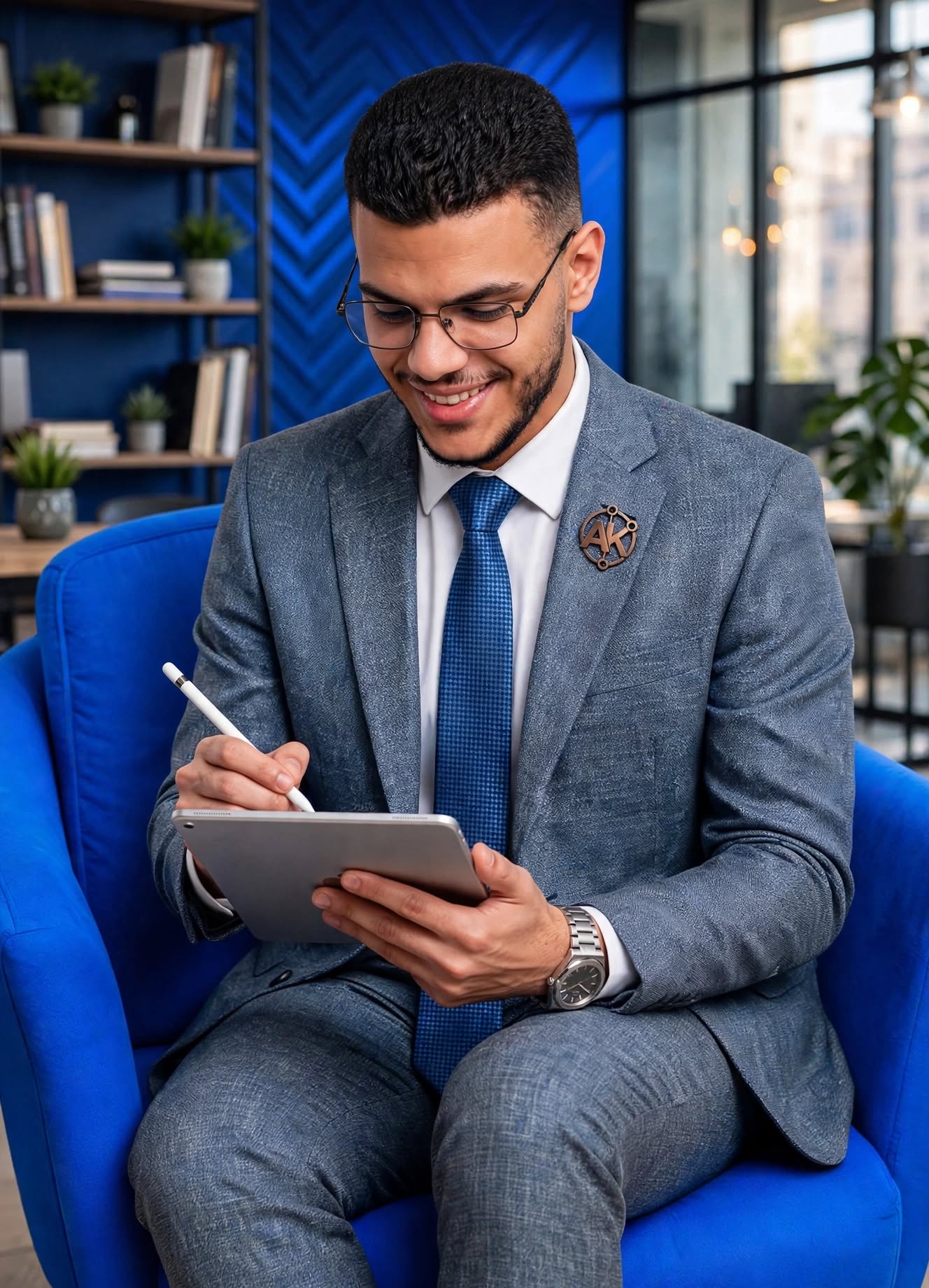 A woman in a blue suit sketching on a tablet with a stylus in an orange armchair