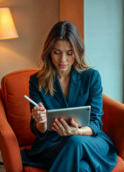 A woman in a blue suit sketching on a tablet with a stylus in an orange armchair