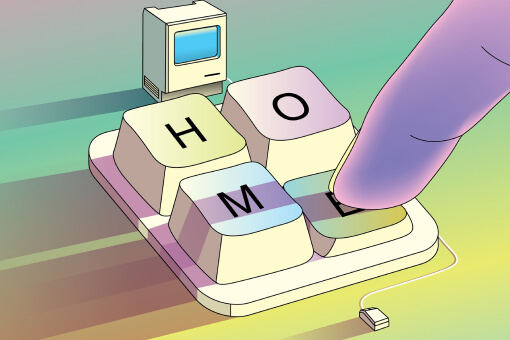 Retro illustration of a finger pressing oversized keyboard keys that spell HOME, next to a vintage computer