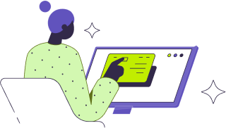 Illustration of a person at a desktop computer filling in a form on screen